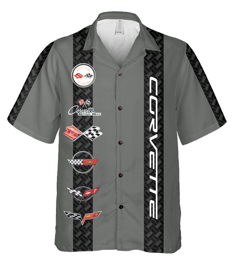 Corvette C1-C6 Logos Grey Base with Black Stripes Hawaiian Shirt for Men, Button-Down Short Sleeve, Classic Fit, Corvette Racing Design, Lightweight and Breathable Summer Shirt, Casual Car Enthusiast Apparel, Officially Licensed GM Product