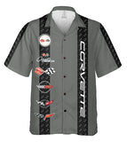 Corvette C1-C6 Logos Grey Base with Black Stripes Hawaiian Shirt for Men, Button-Down Short Sleeve, Classic Fit, Corvette Racing Design, Lightweight and Breathable Summer Shirt, Casual Car Enthusiast Apparel, Officially Licensed GM Product