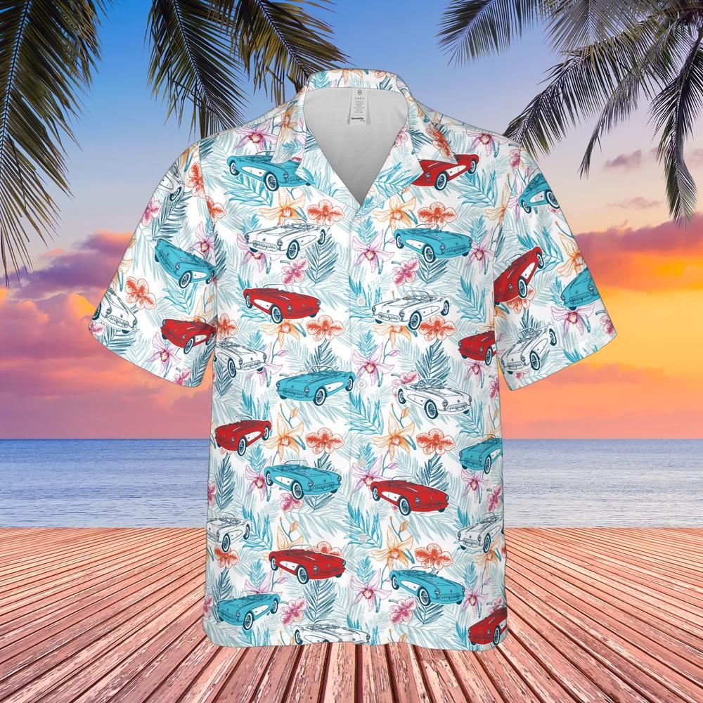 C1 Chevrolet Corvette Men's Multicolor Short Sleeve Front Button Hawaiian Style Shirt