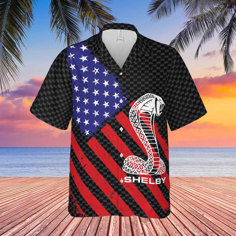 Carroll Shelby American Flag Hawaiian Shirt,  Carbon Background with Shelby Cobra