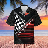 C6 Corvette Flag Logo Racing Design Hawaiian Shirt for Men, Short Sleeve, Regular Fit, Button-Down Casual Summer Shirt