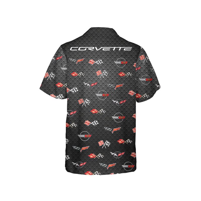 C1-C6 Corvette Flag Logo on Carbon background Hawaiian Shirt for Men, Short Sleeve, Regular Fit, Button-Down Casual Summer Shirt
