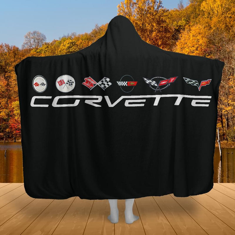 C1-C6 Corvette Collector's Hooded Blanket – Solid Black Background & Sherpa Fleece, Built for the Drive, Styled for the Chill, 2 Sizes