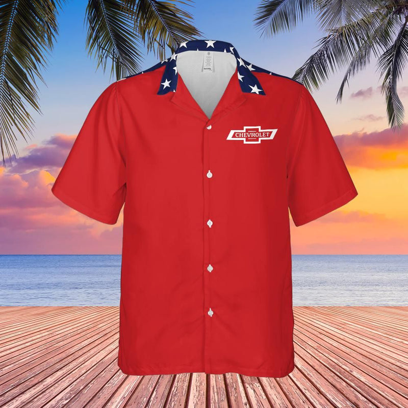 Chevy Men’s Americana Hawaiian Shirt, Red White and Blue with Stars and Stripes, Button Down, Short Sleeve Patriotic Shirt