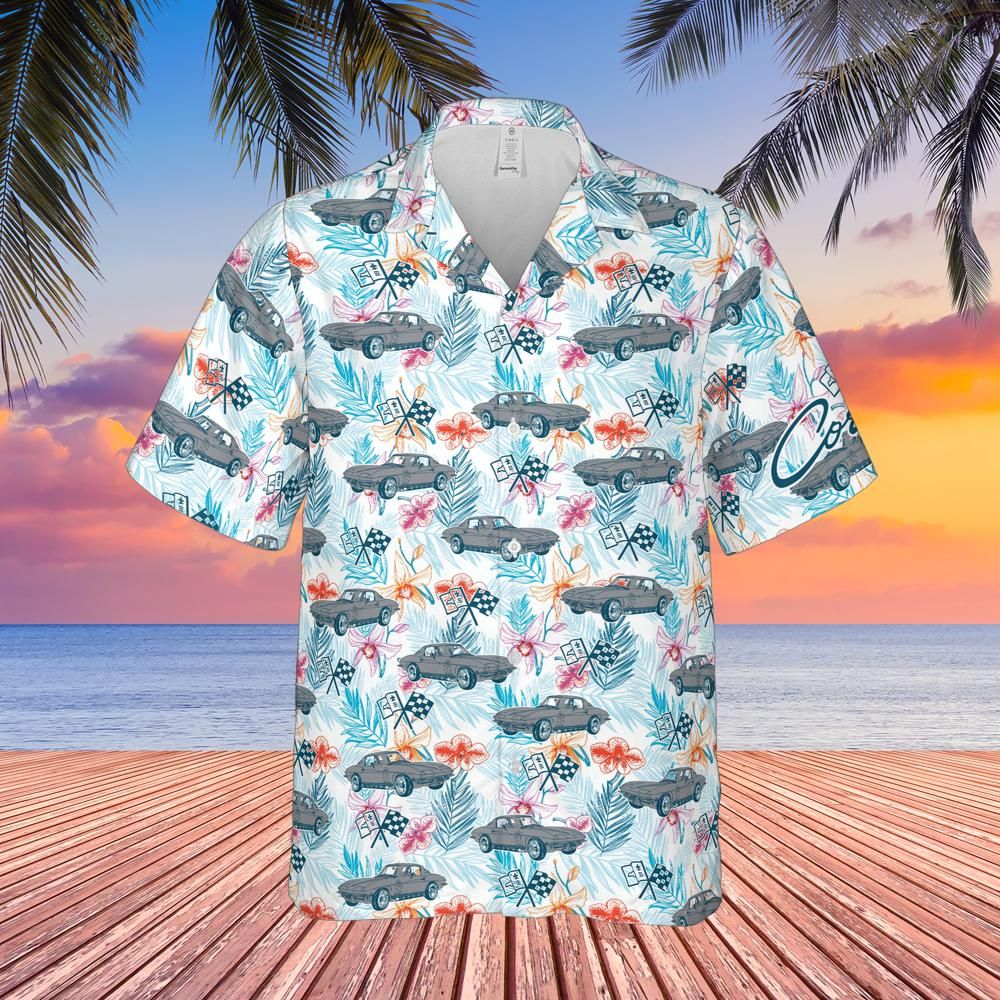 C2 Chevrolet Corvette Hawaiian Shirt Silver Pearl Men's Short Sleeve Front Button Hawaiian Shirt