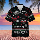 Corvette Ugly Christmas Hawaiian Shirt, C1-C6 Logos with Christmas Ornaments and Snowflakes on a Black Background