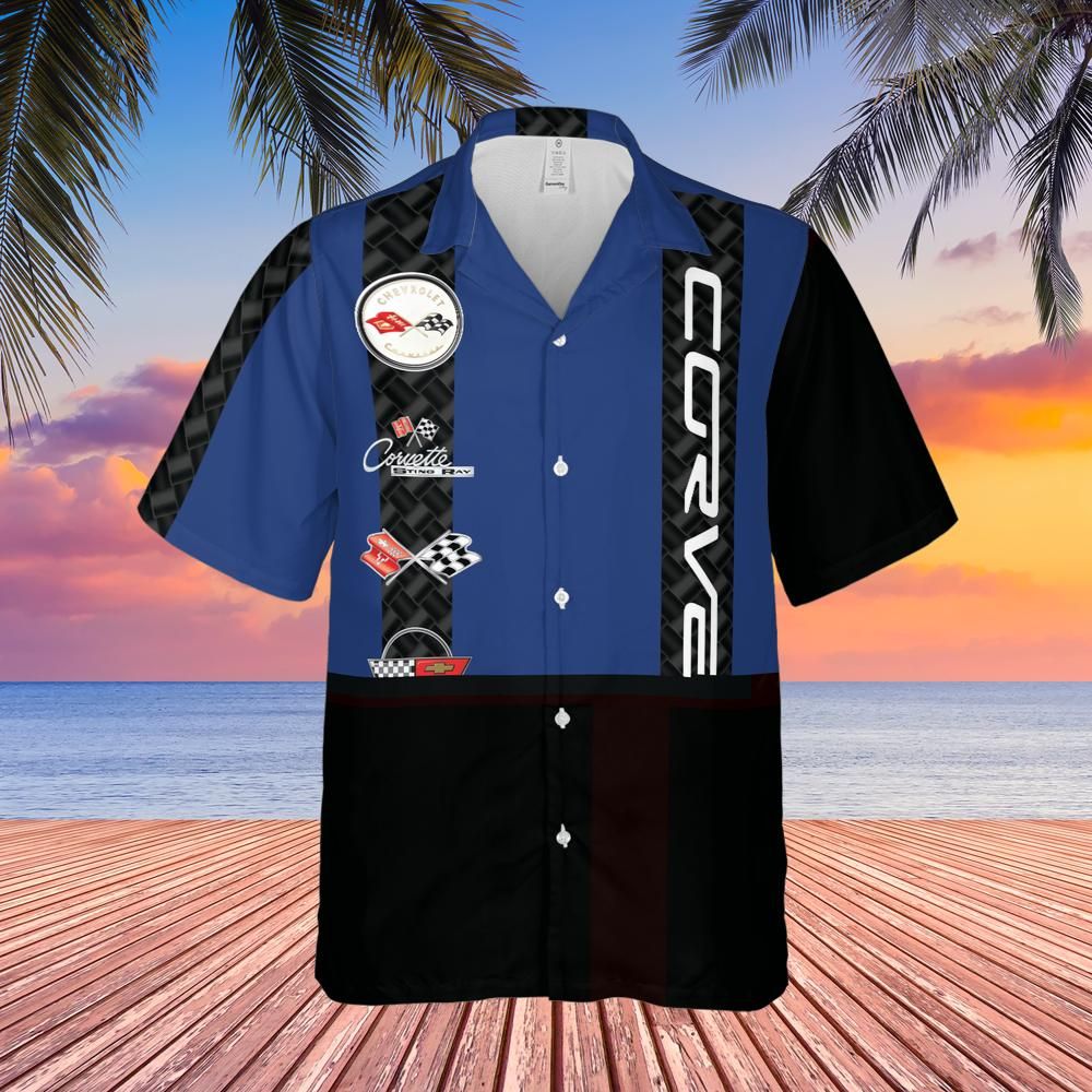 Corvette C1-C6 Logos Blue Base with Carbon Stripes Hawaiian Shirt for Men, Button-Down Short Sleeve, Classic Fit, Corvette Racing Design, Lightweight and Breathable Summer Shirt, Casual Car Enthusiast Apparel, Officially Licensed GM Product