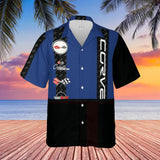 Corvette C1-C6 Logos Blue Base with Carbon Stripes Hawaiian Shirt for Men, Button-Down Short Sleeve, Classic Fit, Corvette Racing Design, Lightweight and Breathable Summer Shirt, Casual Car Enthusiast Apparel, Officially Licensed GM Product
