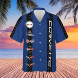 Corvette C1-C6 Logos Blue Base with Carbon Stripes Hawaiian Shirt for Men, Button-Down Short Sleeve, Classic Fit, Corvette Racing Design, Lightweight and Breathable Summer Shirt, Casual Car Enthusiast Apparel, Officially Licensed GM Product