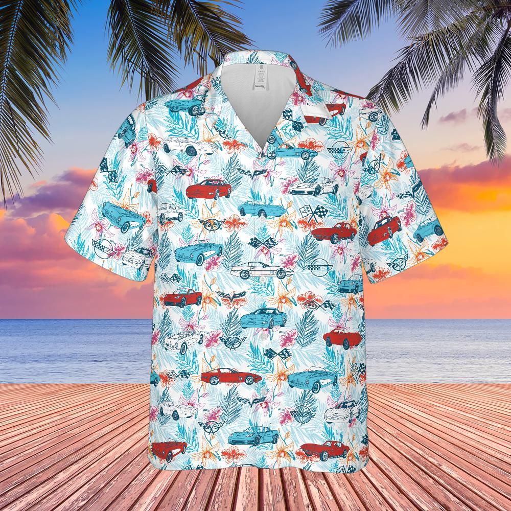 C1-C6 Corvette Hawaiian Shirt for Men, Multicolor Cars and Logos Tropical Design, Button-Down Short Sleeve, Classic Fit, Lightweight Summer Beach Shirt