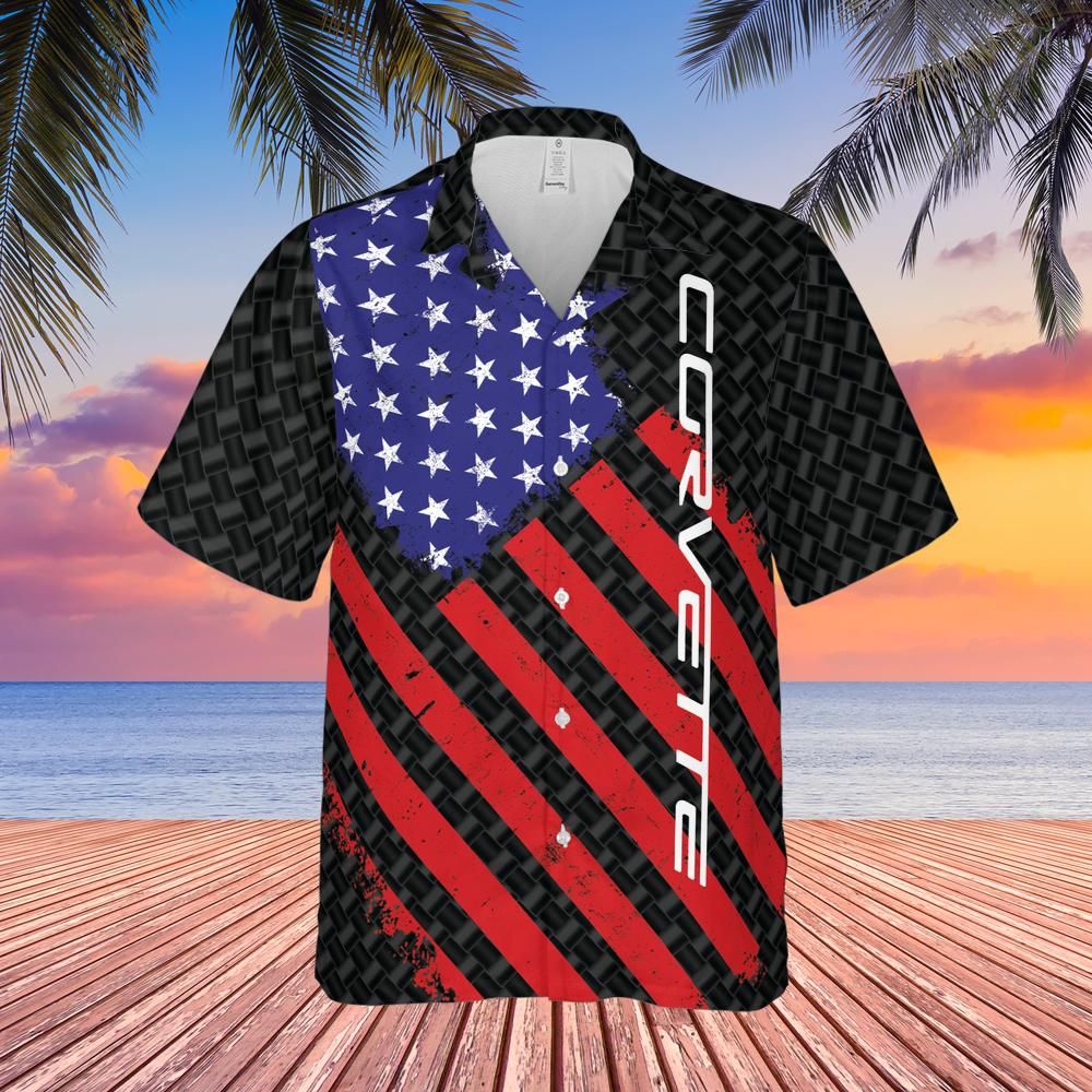 Corvette C6 Flag Regular Fit Hawaiian Front Button Short Sleeve Shirt carbon