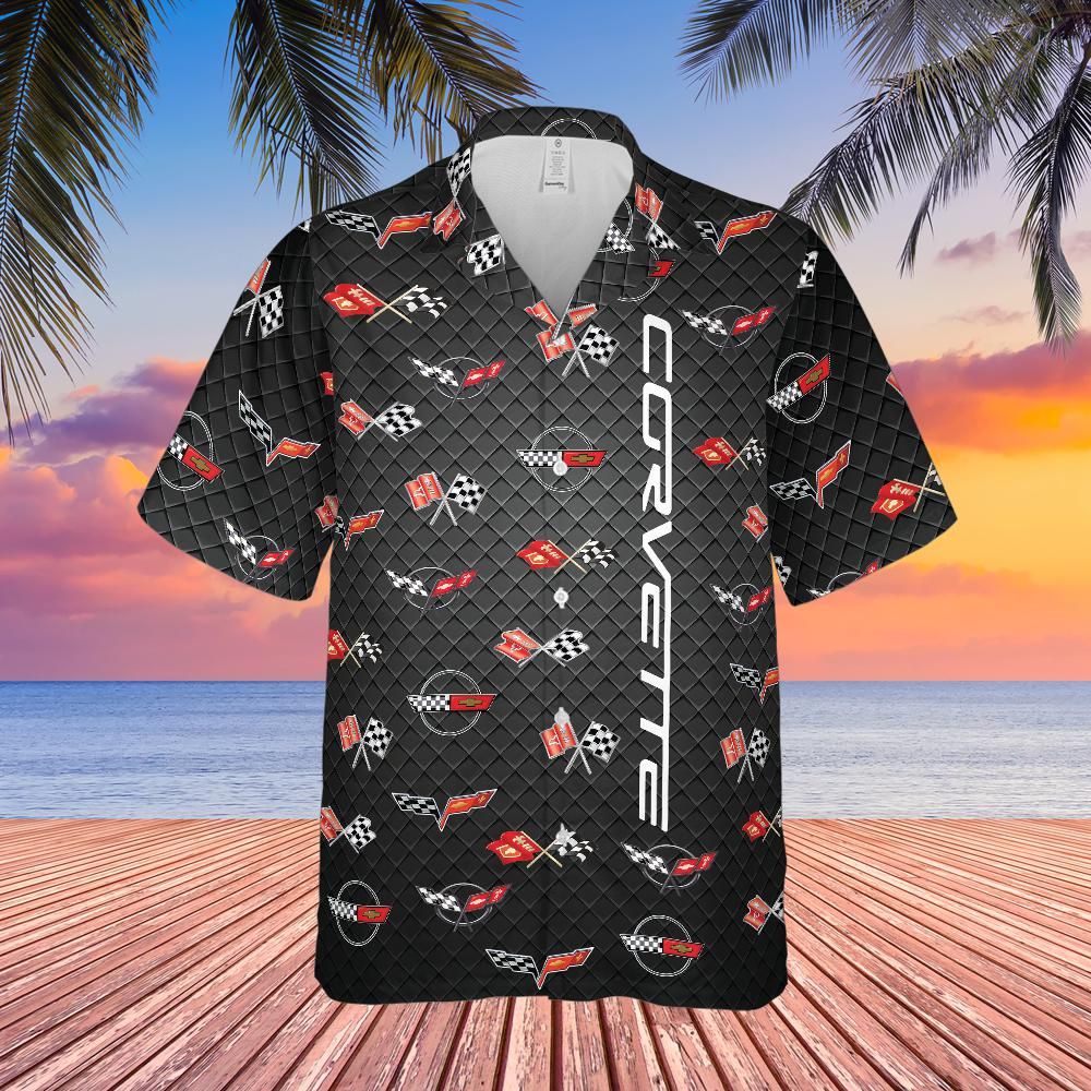 C1-C6 Corvette Flag Logo on Carbon background Hawaiian Shirt for Men, Short Sleeve, Regular Fit, Button-Down Casual Summer Shirt