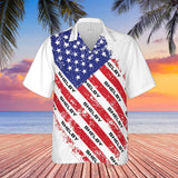 Carroll Shelby American Flag Hawaiian Shirt, Red White and Blue, Shelby Wordmark Alternate Stripes