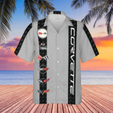 Corvette C1-C6 Logos Light Grey Base with Carbon Stripes Hawaiian Shirt for Men, Button-Down Short Sleeve, Classic Fit, Corvette Racing Design, Lightweight and Breathable Summer Shirt, Casual Car Enthusiast Apparel, Officially Licensed GM Product
