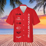 Corvette C1-C6 Logos Red Hawaiian Shirt for Men, Button-Down Short Sleeve, Classic Fit, Corvette Racing Design, Lightweight and Breathable Summer Shirt, Casual Car Enthusiast Apparel, Officially Licensed GM Product