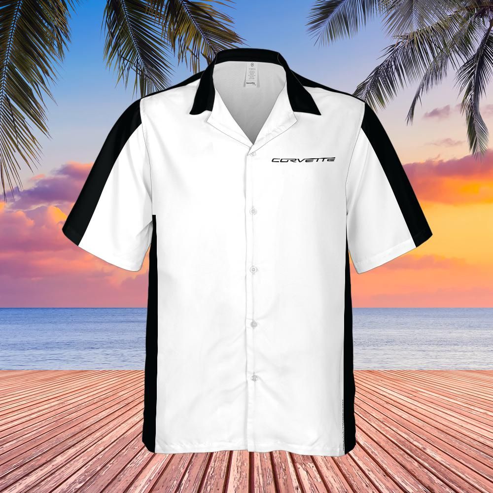 C6 Chevrolet Corvette Hawaiian Shirt Arctic White and Black Color Block Men's Short Sleeve Button-Up Casual Camp Shirt