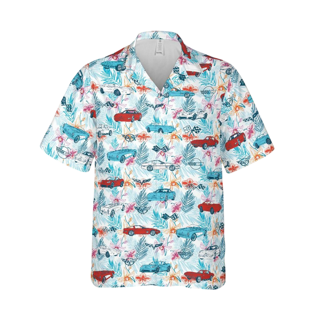 C1-C6 Corvette Hawaiian Shirt for Men, Multicolor Cars and Logos Tropical Design, Button-Down Short Sleeve, Classic Fit, Lightweight Summer Beach Shirt