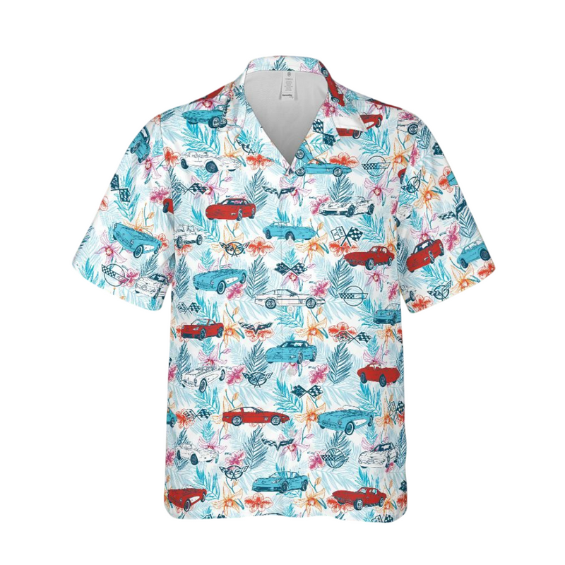 C1-C6 Corvette Hawaiian Shirt for Men, Multicolor Cars and Logos Tropical Design, Button-Down Short Sleeve, Classic Fit, Lightweight Summer Beach Shirt