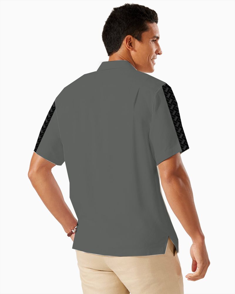 Corvette C1-C6 Logos Grey Base with Black Stripes Hawaiian Shirt for Men, Button-Down Short Sleeve, Classic Fit, Corvette Racing Design, Lightweight and Breathable Summer Shirt, Casual Car Enthusiast Apparel, Officially Licensed GM Product