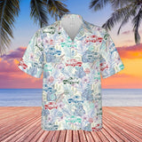 Carroll Shelby GT350 Hawaiian Shirt, Tropical Floral Background, Multiple Car Colors and Shelby Snake and Shelby Cobra Logos.