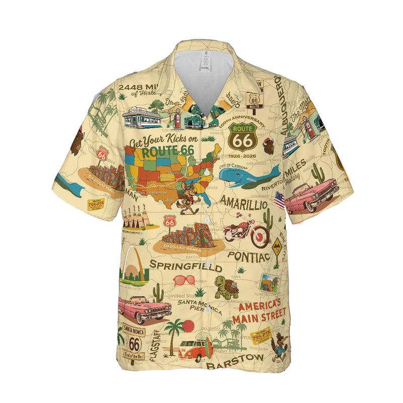 Legends of Route 66 Vintage American Highway Hawaiian Shirt – Relaxed Fit | Retro Travel Collage