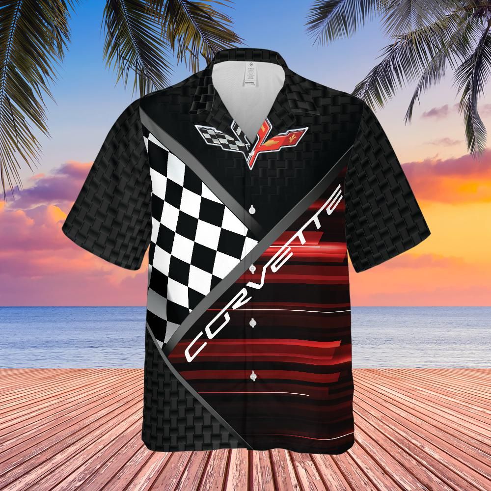 C6 Corvette Flag Logo Racing Design Hawaiian Shirt for Men, Short Sleeve, Regular Fit, Button-Down Casual Summer Shirt