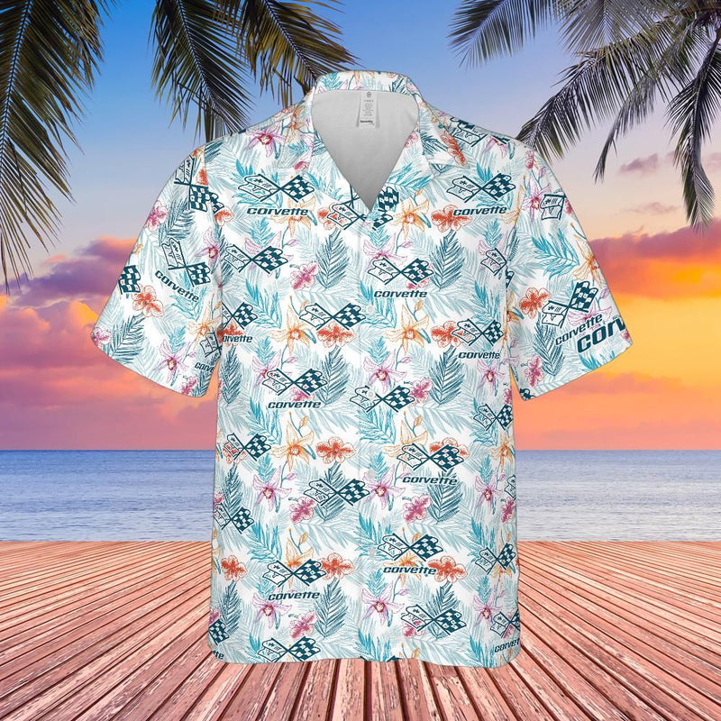 C3 Chevy Corvette Men’s Hawaiian Shirt, Tonal Logo Tropical Floral Pattern, Short Sleeve Button Down, Corvette Gift Apparel