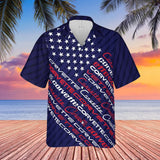 C1-C6 Corvette American Flag Hawaiian Shirt for Men, Navy US Flag and Corvette Logo Design, Patriotic Short Sleeve, Regular Fit, Button-Down Casual Summer Shirt