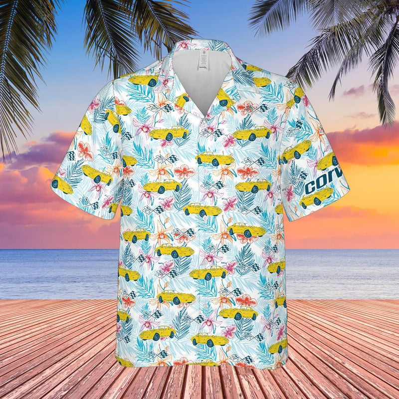 C3 Chevrolet Corvette Hawaiian Shirt Daytona Yellow Men's Short Sleeve Front Button Hawaiian Shirt