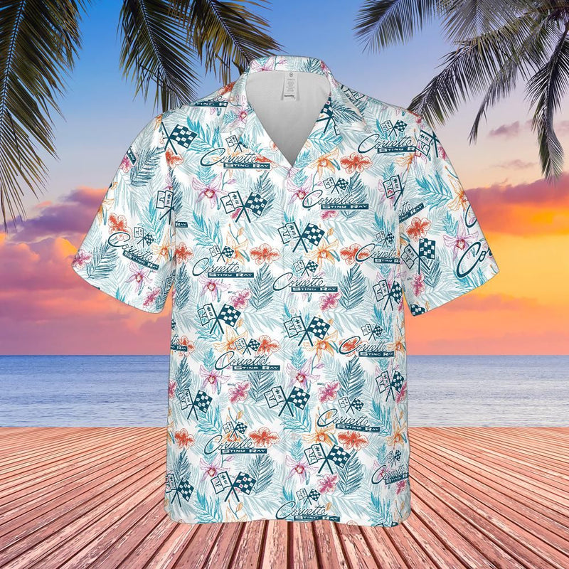 C2 Chevy Corvette Men’s Hawaiian Shirt, Tonal Logo Tropical Floral Pattern, Short Sleeve Button Down, Corvette Gift Apparel