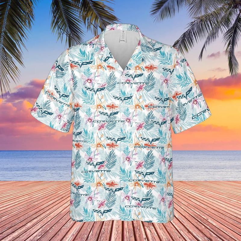 C6 Chevy Corvette Men’s Hawaiian Shirt, Tonal Logo Tropical Floral Pattern, Short Sleeve Button Down, Corvette Gift Apparel