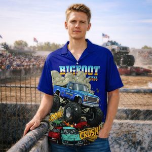 BIGFOOT 4x4 Monster Truck Hawaiian Shirt – VROOM & CRUSH Design, Blue Short Sleeve for Men