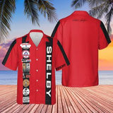 Carroll Shelby Red Base Hawaiian Shirt, Celebrating Muscle Car Heritage with Historical Shelby Badge Designs Bordered by Carbon Stripes