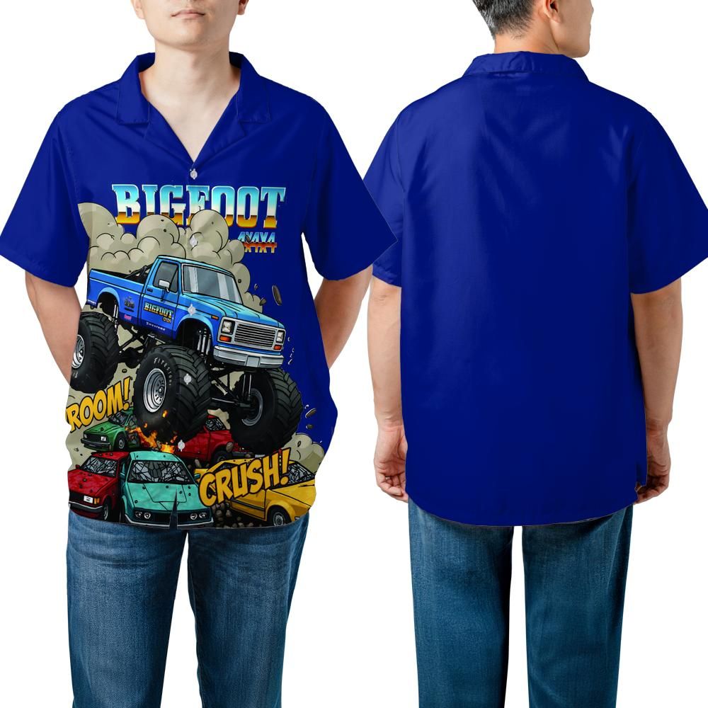 BIGFOOT 4x4 Monster Truck Hawaiian Shirt – VROOM & CRUSH Design, Blue Short Sleeve for Men
