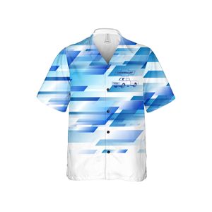 Chevrolet C10 Truck  Blue Pattern Hawaiian Shirt for Men, Geometric blues with the Chevrolet Bowtie Logo and C10 Truck on the left side.