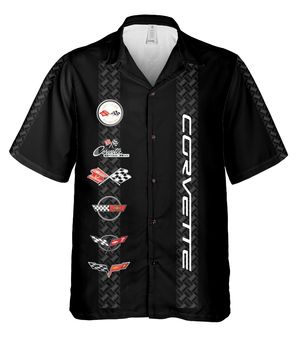 Corvette C1-C6 Logos Black Hawaiian Shirt for Men, Button-Down Short Sleeve, Classic Fit, Corvette Racing Design, Lightweight and Breathable Summer Shirt, Casual Car Enthusiast Apparel, Officially Licensed GM Product