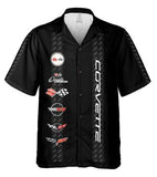 Corvette C1-C6 Logos Black Hawaiian Shirt for Men, Button-Down Short Sleeve, Classic Fit, Corvette Racing Design, Lightweight and Breathable Summer Shirt, Casual Car Enthusiast Apparel, Officially Licensed GM Product