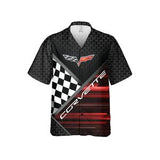 C6 Corvette Flag Logo Racing Design Hawaiian Shirt for Men, Short Sleeve, Regular Fit, Button-Down Casual Summer Shirt