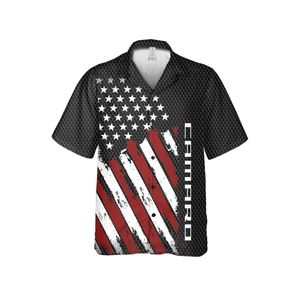 Chevrolet Camaro American Flag Hawaiian Shirt for Men, US Flag Stars and Stripes Design, Regular Fit, Short Sleeve, Patriotic Charcoal, Casual Button-Down Beach Shirt