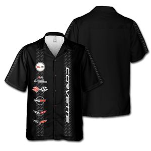 Corvette C1-C6 Logos Black Hawaiian Shirt for Men, Button-Down Short Sleeve, Classic Fit, Corvette Racing Design, Lightweight and Breathable Summer Shirt, Casual Car Enthusiast Apparel, Officially Licensed GM Product