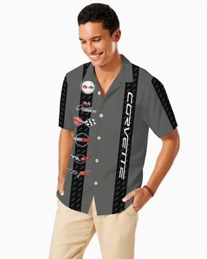 Corvette C1-C6 Logos Grey Base with Black Stripes Hawaiian Shirt for Men, Button-Down Short Sleeve, Classic Fit, Corvette Racing Design, Lightweight and Breathable Summer Shirt, Casual Car Enthusiast Apparel, Officially Licensed GM Product