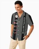 Corvette C1-C6 Logos Grey Base with Black Stripes Hawaiian Shirt for Men, Button-Down Short Sleeve, Classic Fit, Corvette Racing Design, Lightweight and Breathable Summer Shirt, Casual Car Enthusiast Apparel, Officially Licensed GM Product