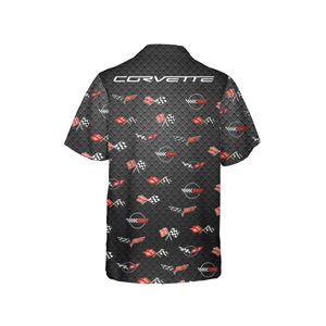 C1-C6 Corvette Flag Logo on Carbon background Hawaiian Shirt for Men, Short Sleeve, Regular Fit, Button-Down Casual Summer Shirt