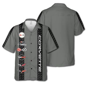 Corvette C1-C6 Logos Grey Base with Black Stripes Hawaiian Shirt for Men, Button-Down Short Sleeve, Classic Fit, Corvette Racing Design, Lightweight and Breathable Summer Shirt, Casual Car Enthusiast Apparel, Officially Licensed GM Product