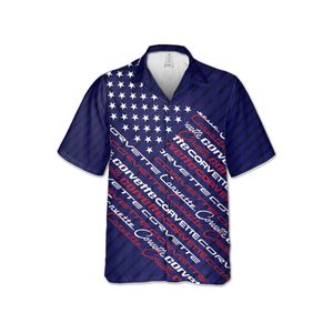 C1-C6 Corvette American Flag Hawaiian Shirt for Men, Navy US Flag and Corvette Logo Design, Patriotic Short Sleeve, Regular Fit, Button-Down Casual Summer Shirt