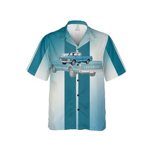 Chevrolet C10 Truck  Blue Stripe Pattern Hawaiian Shirt for Men, Viertical Stripes in Green/Blue with two Cheverolet C10 Trucks in the Center