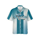 Chevrolet C10 Truck  Blue Stripe Pattern Hawaiian Shirt for Men, Viertical Stripes in Green/Blue with two Cheverolet C10 Trucks in the Center