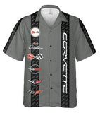 Corvette C1-C6 Logos Grey Base with Black Stripes Hawaiian Shirt for Men, Button-Down Short Sleeve, Classic Fit, Corvette Racing Design, Lightweight and Breathable Summer Shirt, Casual Car Enthusiast Apparel, Officially Licensed GM Product