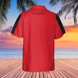 Carroll Shelby Red Base Hawaiian Shirt, Celebrating Muscle Car Heritage with Historical Shelby Badge Designs Bordered by Carbon Stripes