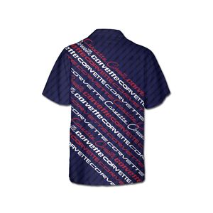 C1-C6 Corvette American Flag Hawaiian Shirt for Men, Navy US Flag and Corvette Logo Design, Patriotic Short Sleeve, Regular Fit, Button-Down Casual Summer Shirt